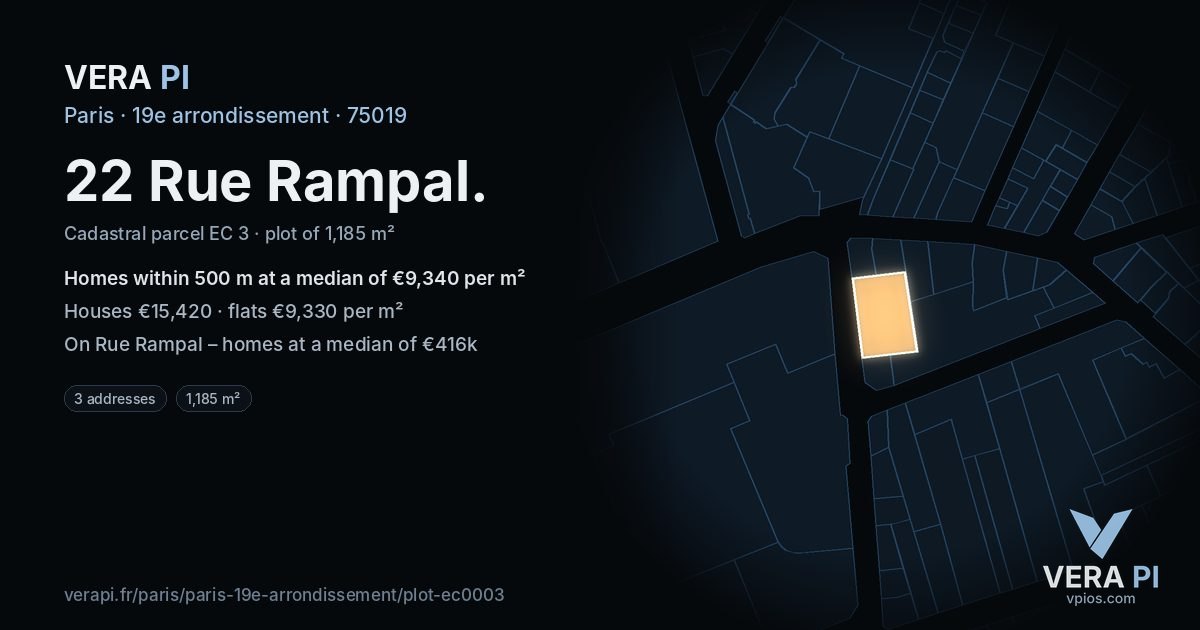 22 Rue Rampal, 19e arrondissement at night – the plot lit, the parcels around coloured by the prices near them