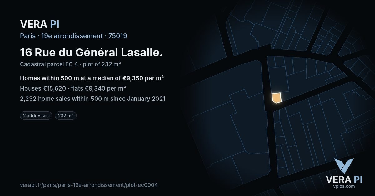 16 Rue du Général Lasalle, 19e arrondissement at night – the plot lit, the parcels around coloured by the prices near them