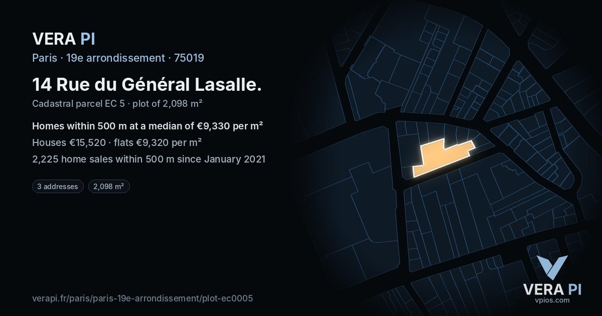 14 Rue du Général Lasalle, 19e arrondissement at night – the plot lit, the parcels around coloured by the prices near them
