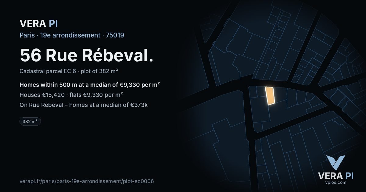 56 Rue Rébeval, 19e arrondissement at night – the plot lit, the parcels around coloured by the prices near them
