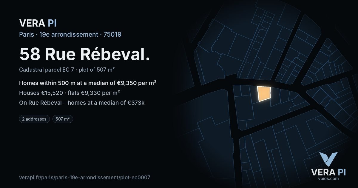 58 Rue Rébeval, 19e arrondissement at night – the plot lit, the parcels around coloured by the prices near them