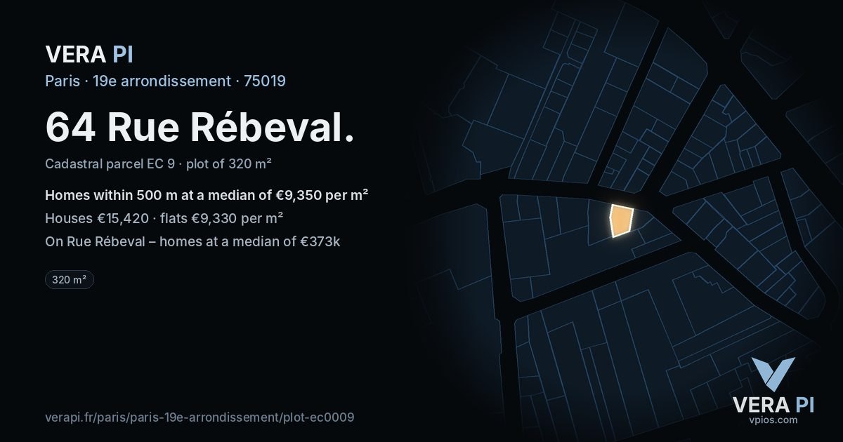 64 Rue Rébeval, 19e arrondissement at night – the plot lit, the parcels around coloured by the prices near them