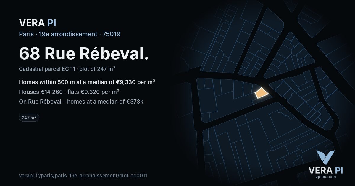 68 Rue Rébeval, 19e arrondissement at night – the plot lit, the parcels around coloured by the prices near them