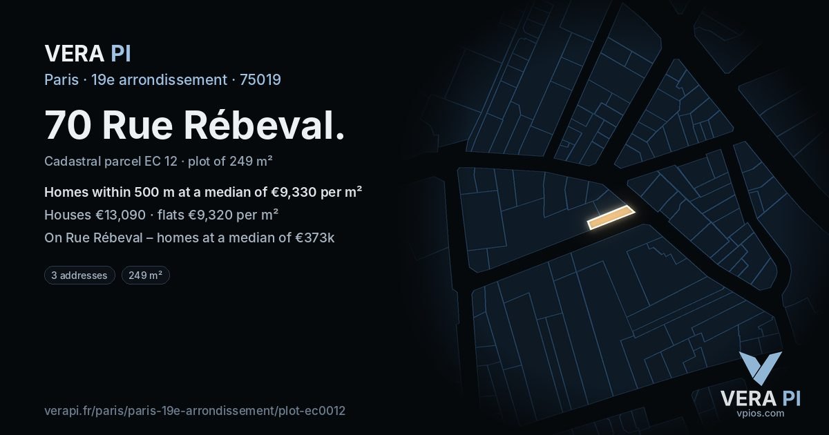 70 Rue Rébeval, 19e arrondissement at night – the plot lit, the parcels around coloured by the prices near them