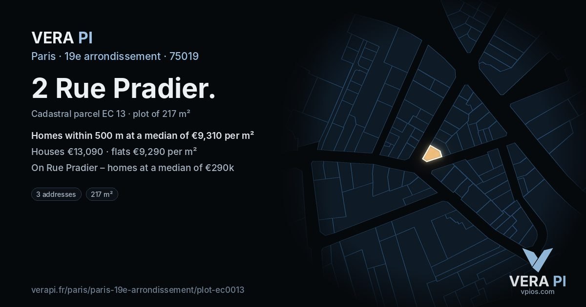 2 Rue Pradier, 19e arrondissement at night – the plot lit, the parcels around coloured by the prices near them