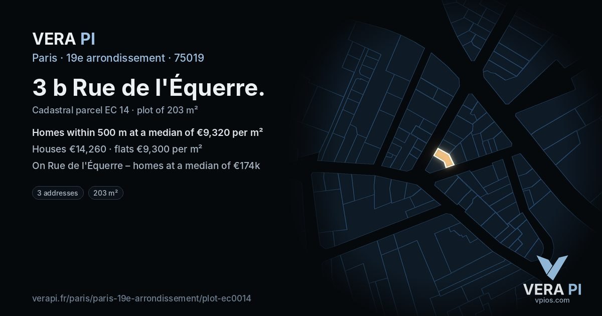 3 b Rue de l'Équerre, 19e arrondissement at night – the plot lit, the parcels around coloured by the prices near them