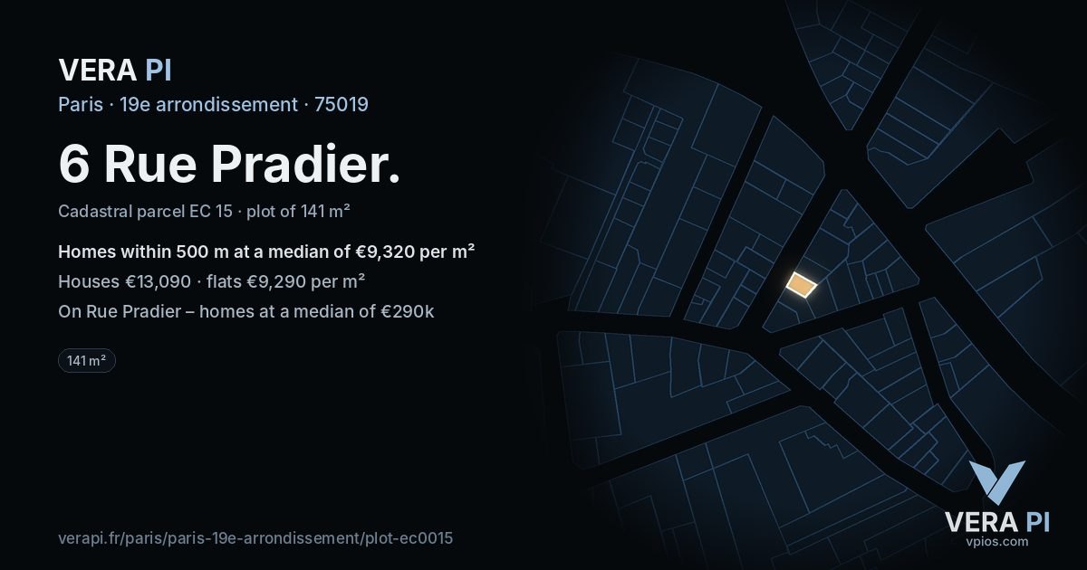 6 Rue Pradier, 19e arrondissement at night – the plot lit, the parcels around coloured by the prices near them
