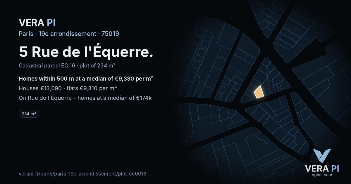 5 Rue de l'Équerre, 19e arrondissement at night – the plot lit, the parcels around coloured by the prices near them