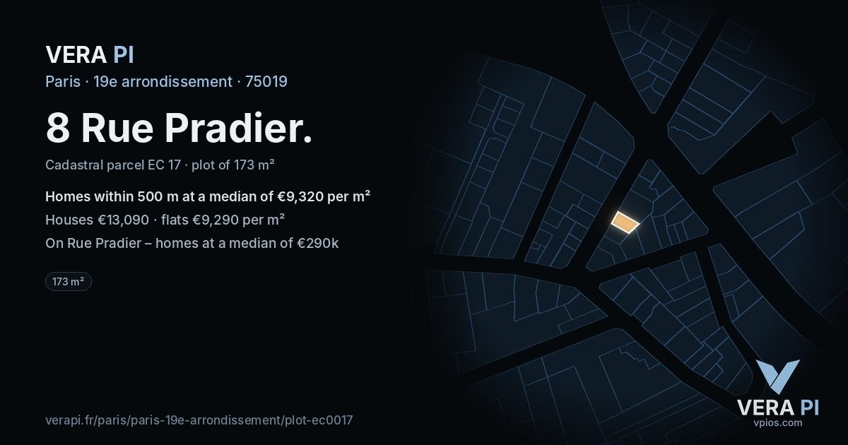8 Rue Pradier, 19e arrondissement at night – the plot lit, the parcels around coloured by the prices near them