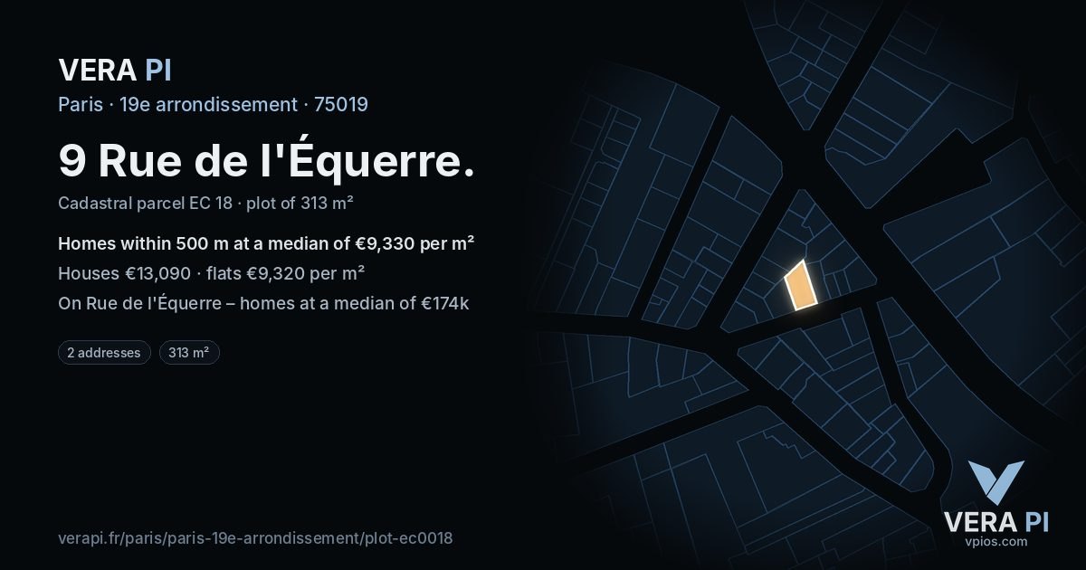 9 Rue de l'Équerre, 19e arrondissement at night – the plot lit, the parcels around coloured by the prices near them