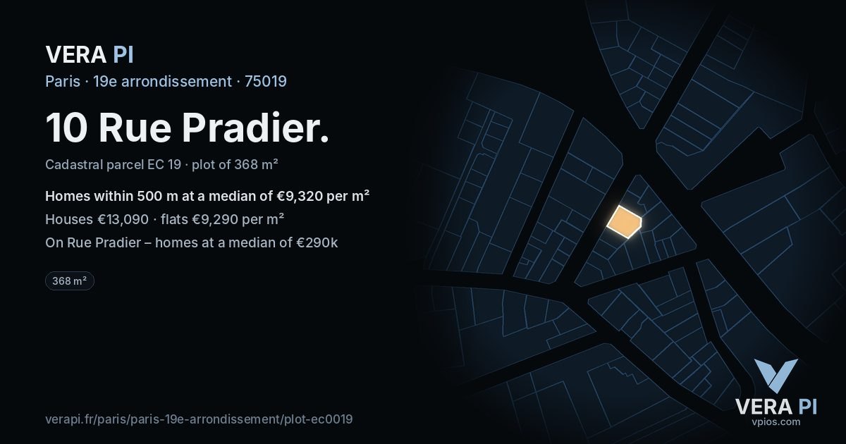 10 Rue Pradier, 19e arrondissement at night – the plot lit, the parcels around coloured by the prices near them