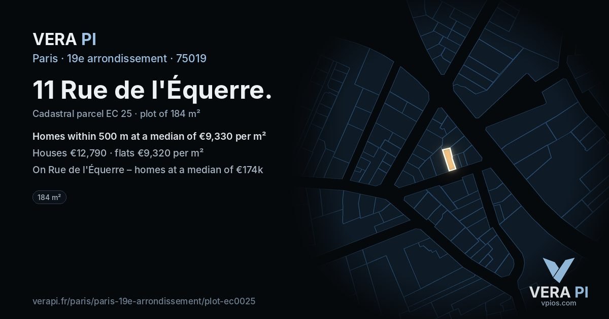 11 Rue de l'Équerre, 19e arrondissement at night – the plot lit, the parcels around coloured by the prices near them