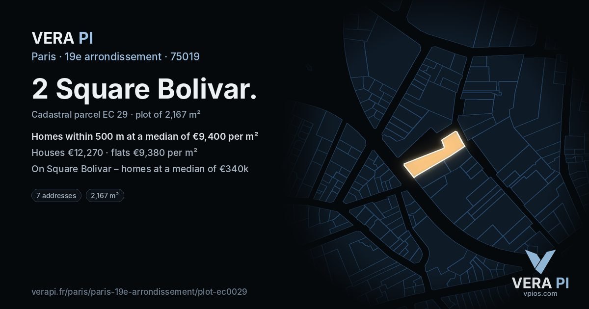 2 Square Bolivar, 19e arrondissement at night – the plot lit, the parcels around coloured by the prices near them