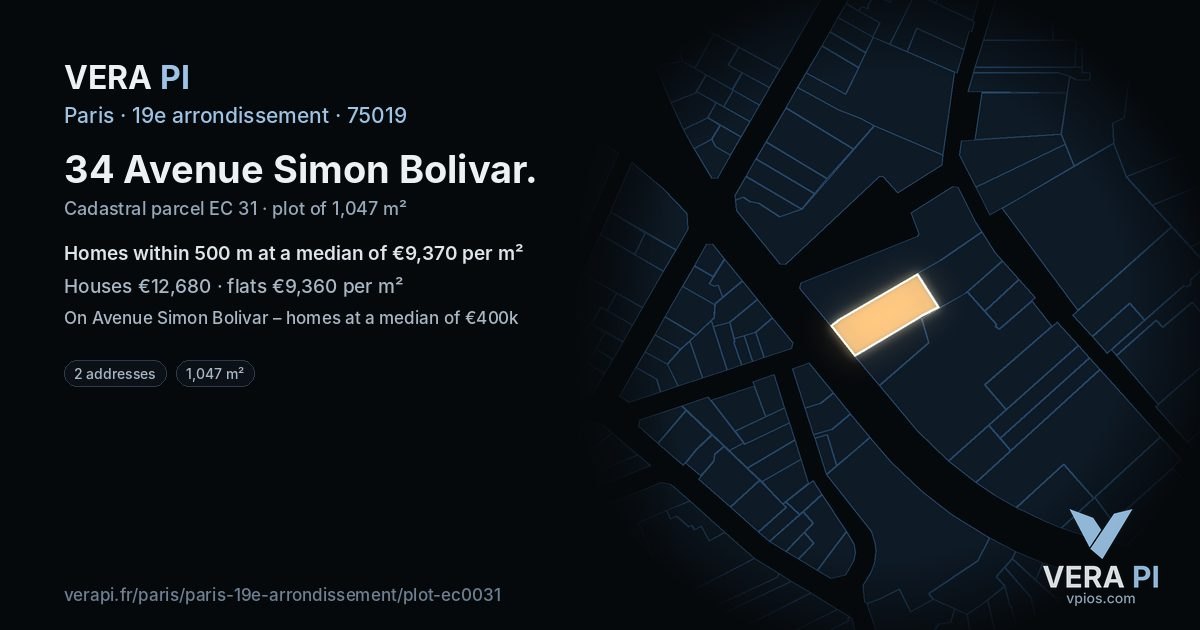 34 Avenue Simon Bolivar, 19e arrondissement at night – the plot lit, the parcels around coloured by the prices near them