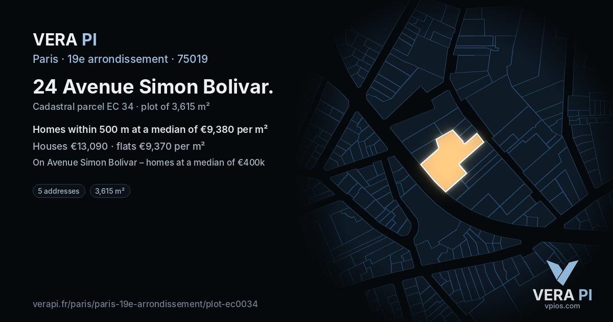24 Avenue Simon Bolivar, 19e arrondissement at night – the plot lit, the parcels around coloured by the prices near them