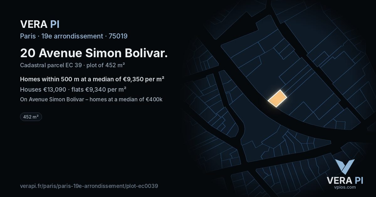 20 Avenue Simon Bolivar, 19e arrondissement at night – the plot lit, the parcels around coloured by the prices near them