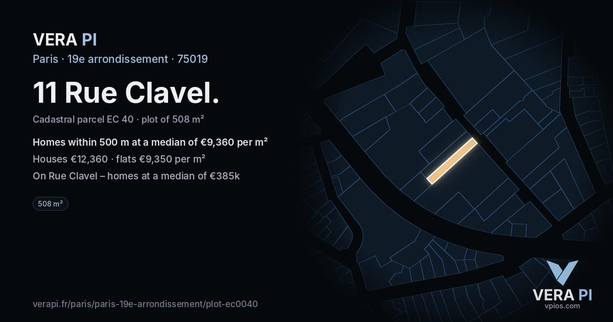 11 Rue Clavel, 19e arrondissement at night – the plot lit, the parcels around coloured by the prices near them
