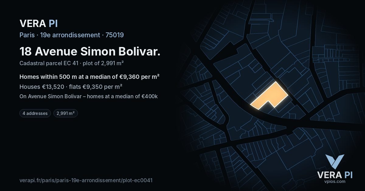 18 Avenue Simon Bolivar, 19e arrondissement at night – the plot lit, the parcels around coloured by the prices near them