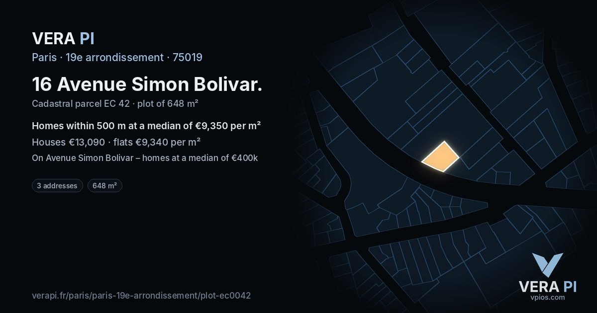 16 Avenue Simon Bolivar, 19e arrondissement at night – the plot lit, the parcels around coloured by the prices near them