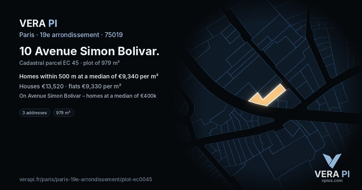 10 Avenue Simon Bolivar, 19e arrondissement at night – the plot lit, the parcels around coloured by the prices near them