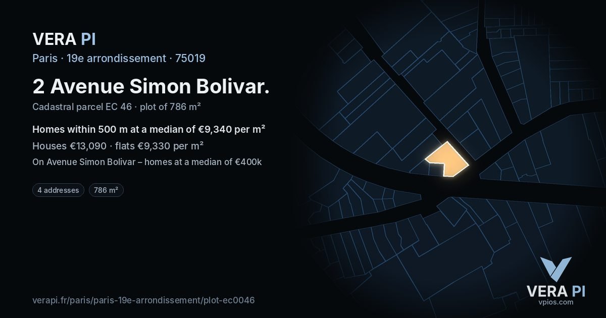 2 Avenue Simon Bolivar, 19e arrondissement at night – the plot lit, the parcels around coloured by the prices near them