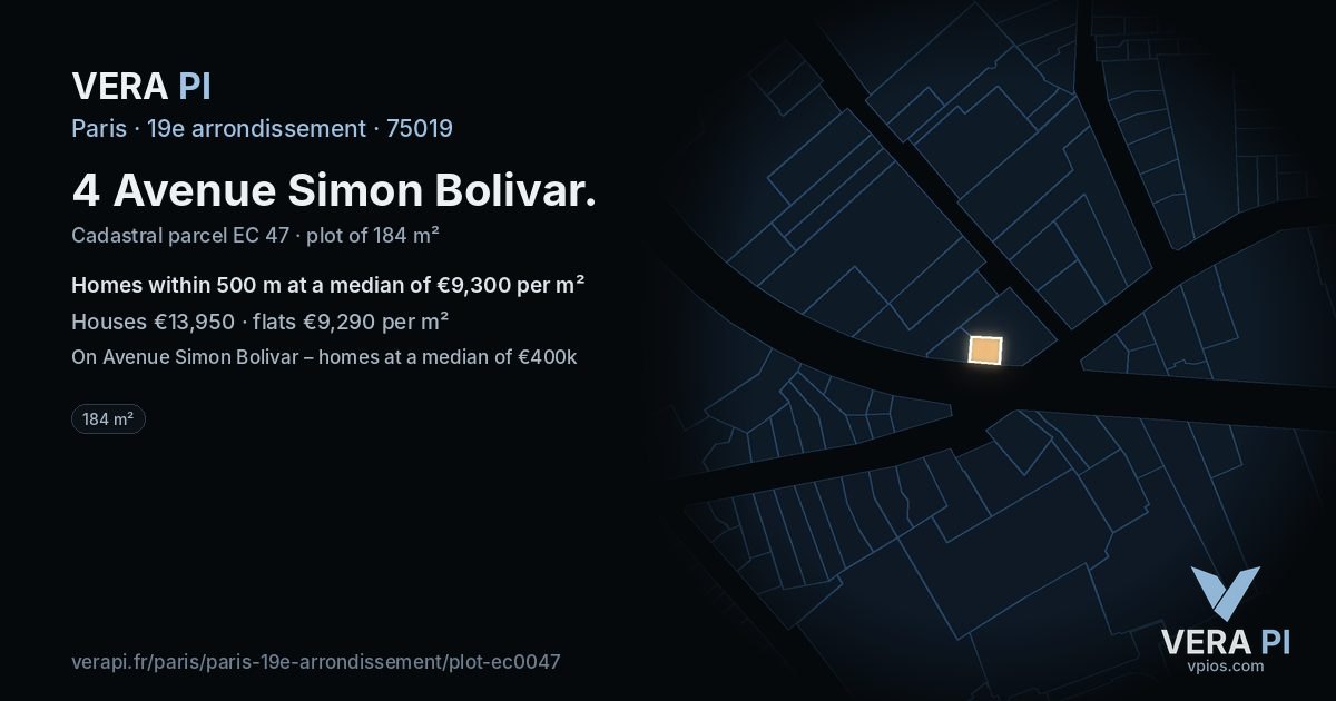 4 Avenue Simon Bolivar, 19e arrondissement at night – the plot lit, the parcels around coloured by the prices near them