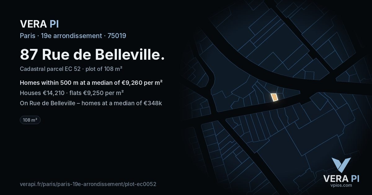 87 Rue de Belleville, 19e arrondissement at night – the plot lit, the parcels around coloured by the prices near them