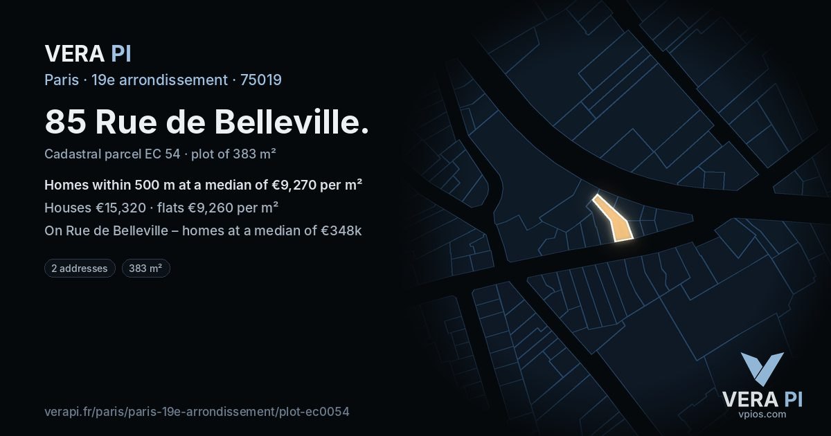 85 Rue de Belleville, 19e arrondissement at night – the plot lit, the parcels around coloured by the prices near them