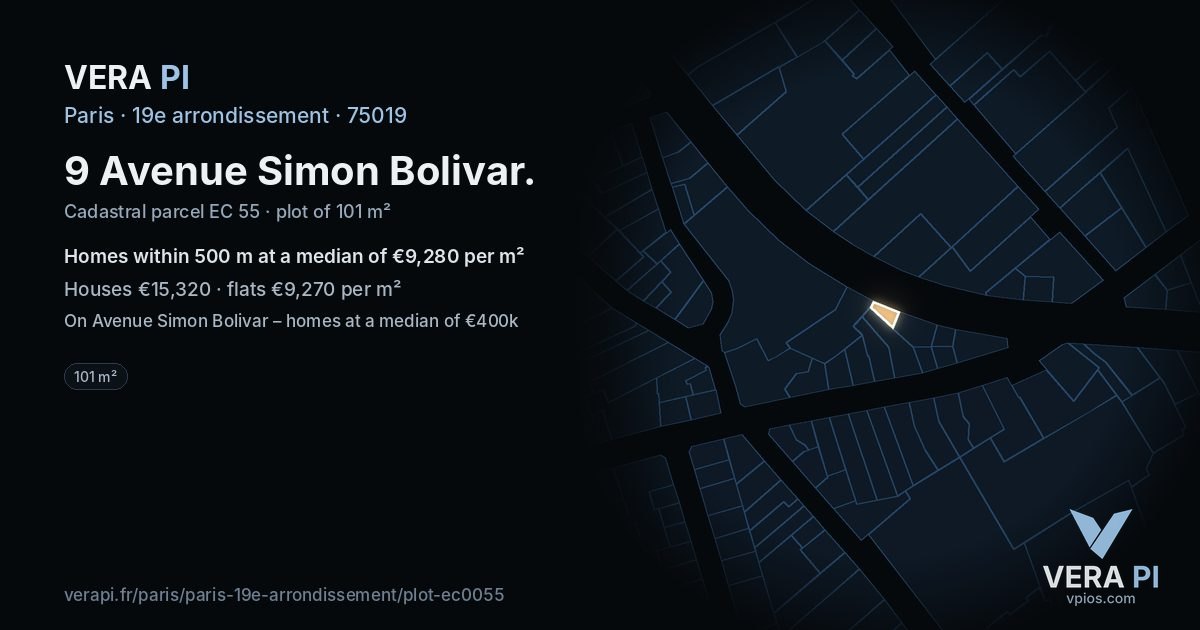 9 Avenue Simon Bolivar, 19e arrondissement at night – the plot lit, the parcels around coloured by the prices near them