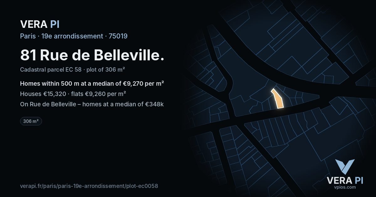 81 Rue de Belleville, 19e arrondissement at night – the plot lit, the parcels around coloured by the prices near them