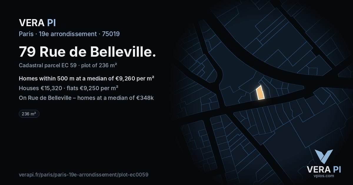 79 Rue de Belleville, 19e arrondissement at night – the plot lit, the parcels around coloured by the prices near them