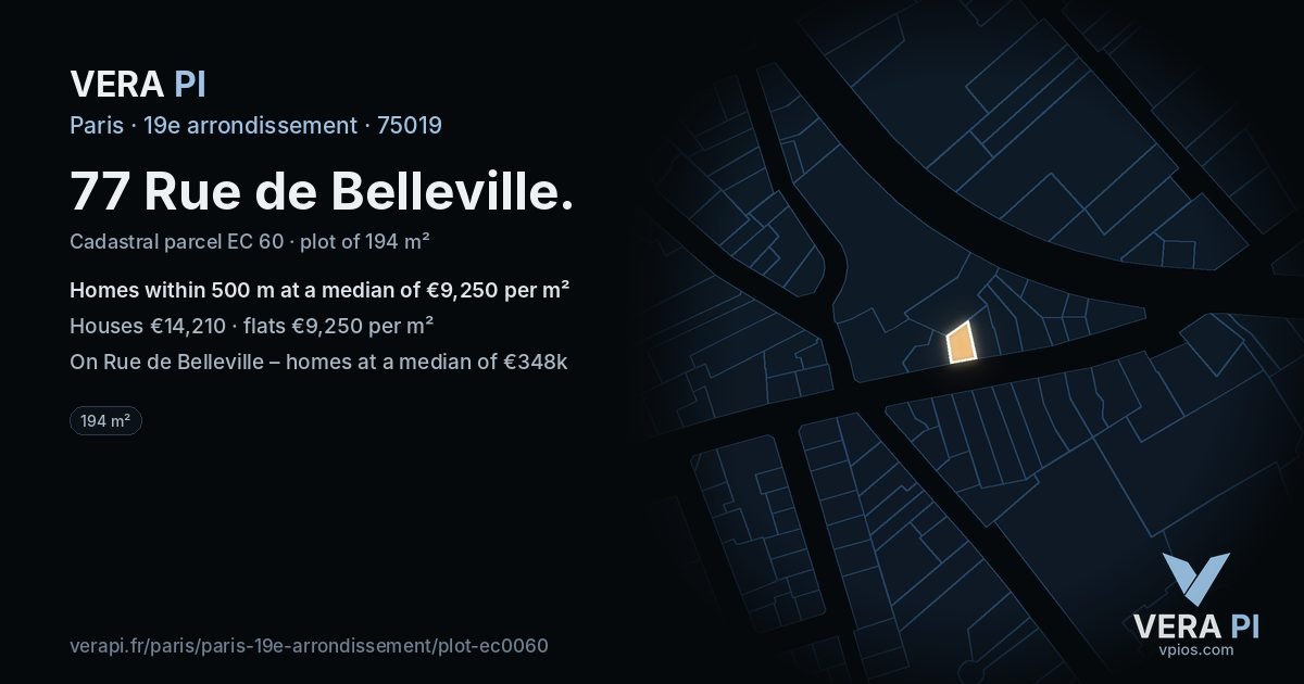 77 Rue de Belleville, 19e arrondissement at night – the plot lit, the parcels around coloured by the prices near them