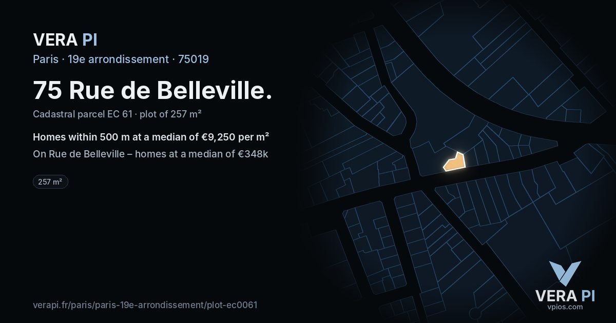 75 Rue de Belleville, 19e arrondissement at night – the plot lit, the parcels around coloured by the prices near them