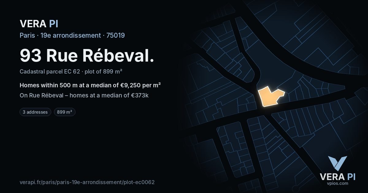 93 Rue Rébeval, 19e arrondissement at night – the plot lit, the parcels around coloured by the prices near them