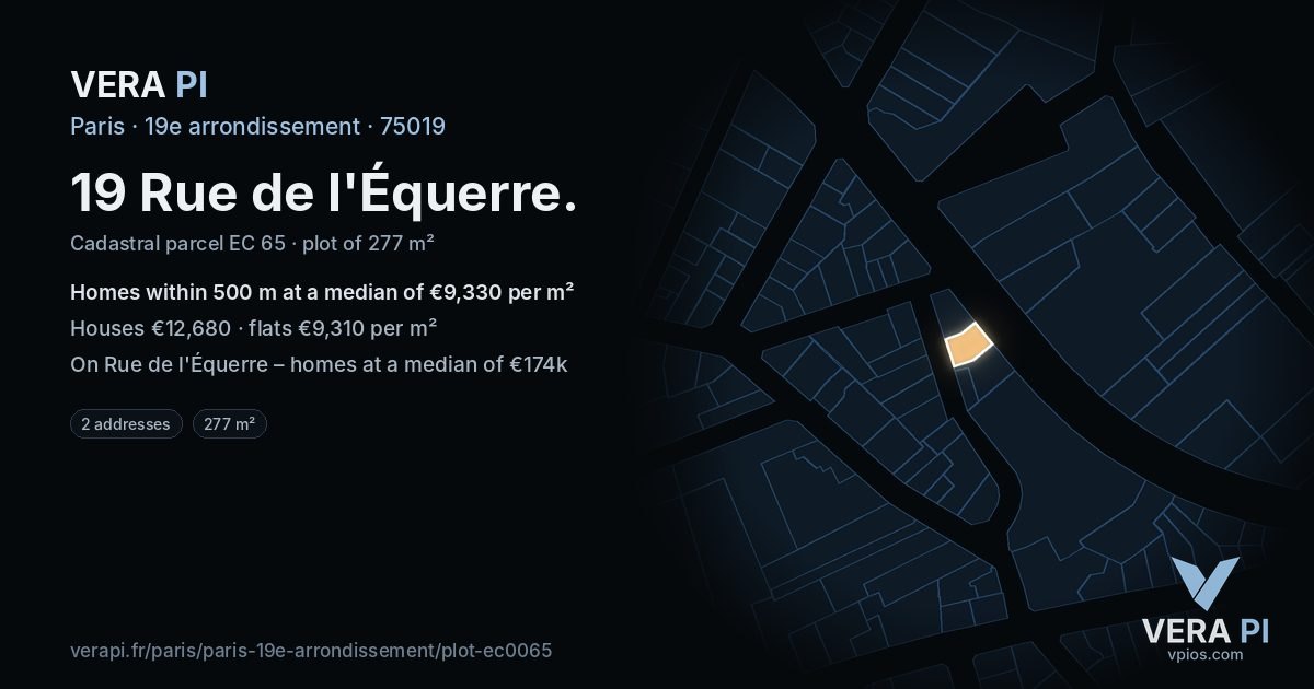 19 Rue de l'Équerre, 19e arrondissement at night – the plot lit, the parcels around coloured by the prices near them