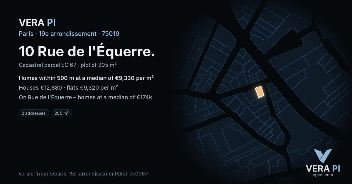 10 Rue de l'Équerre, 19e arrondissement at night – the plot lit, the parcels around coloured by the prices near them