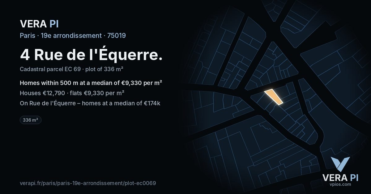 4 Rue de l'Équerre, 19e arrondissement at night – the plot lit, the parcels around coloured by the prices near them