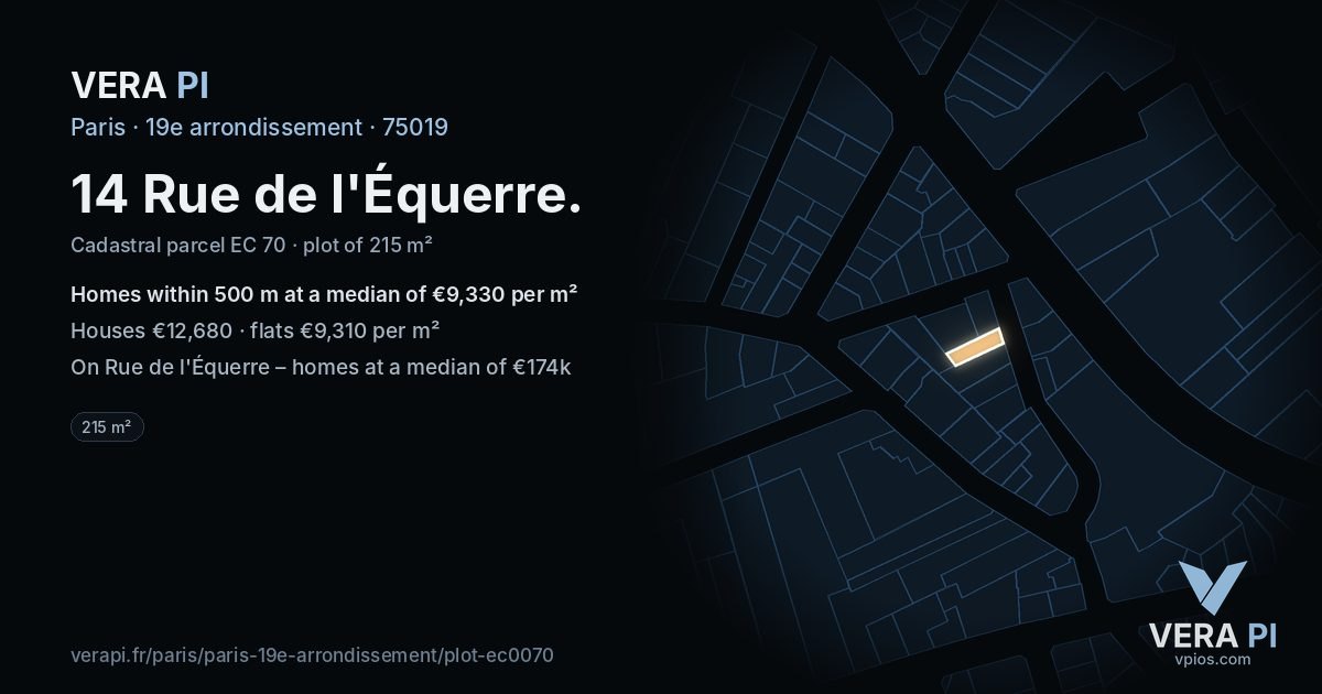 14 Rue de l'Équerre, 19e arrondissement at night – the plot lit, the parcels around coloured by the prices near them