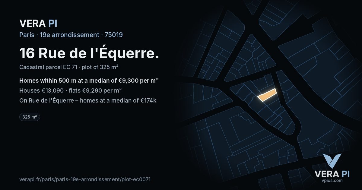 16 Rue de l'Équerre, 19e arrondissement at night – the plot lit, the parcels around coloured by the prices near them