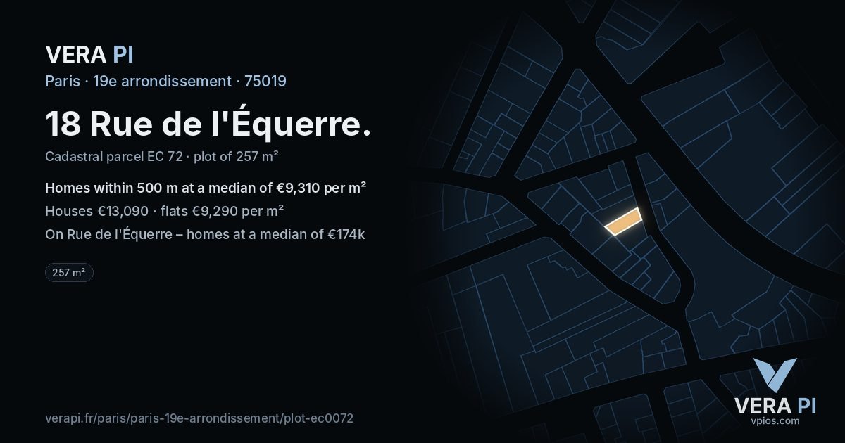 18 Rue de l'Équerre, 19e arrondissement at night – the plot lit, the parcels around coloured by the prices near them