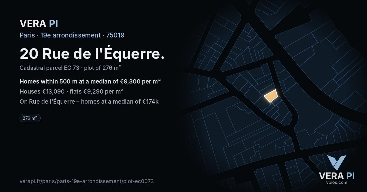 20 Rue de l'Équerre, 19e arrondissement at night – the plot lit, the parcels around coloured by the prices near them