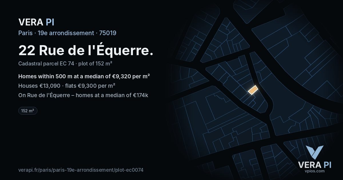 22 Rue de l'Équerre, 19e arrondissement at night – the plot lit, the parcels around coloured by the prices near them