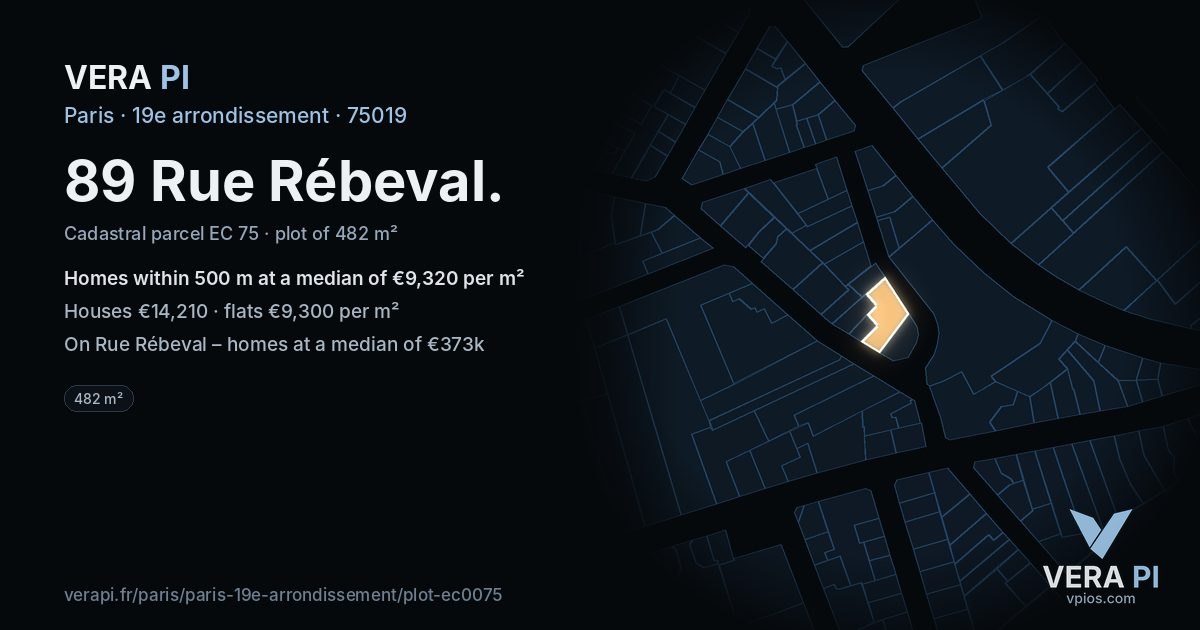 89 Rue Rébeval, 19e arrondissement at night – the plot lit, the parcels around coloured by the prices near them