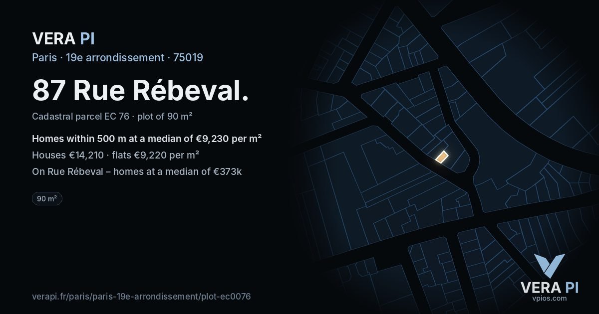87 Rue Rébeval, 19e arrondissement at night – the plot lit, the parcels around coloured by the prices near them