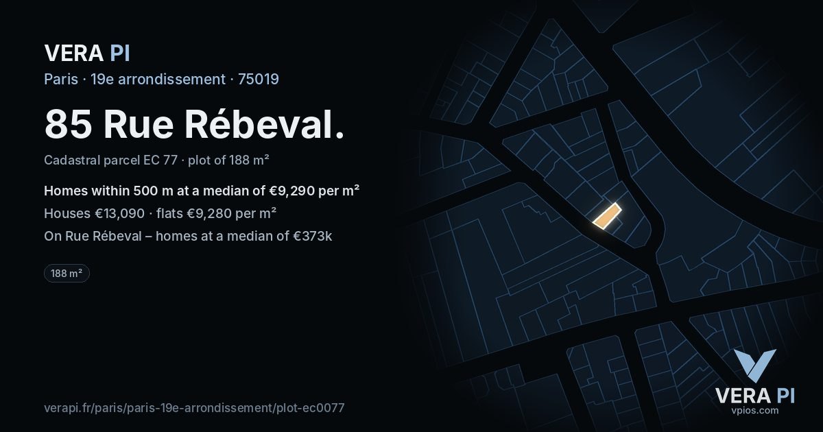 85 Rue Rébeval, 19e arrondissement at night – the plot lit, the parcels around coloured by the prices near them