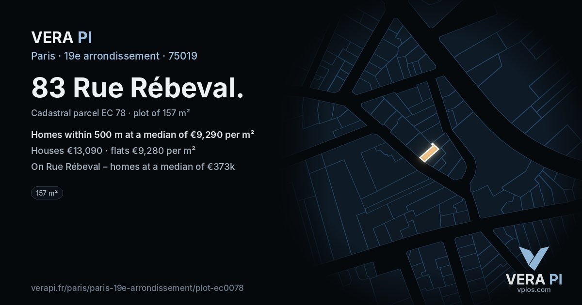 83 Rue Rébeval, 19e arrondissement at night – the plot lit, the parcels around coloured by the prices near them