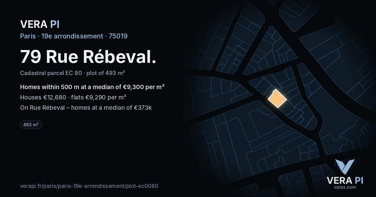 79 Rue Rébeval, 19e arrondissement at night – the plot lit, the parcels around coloured by the prices near them
