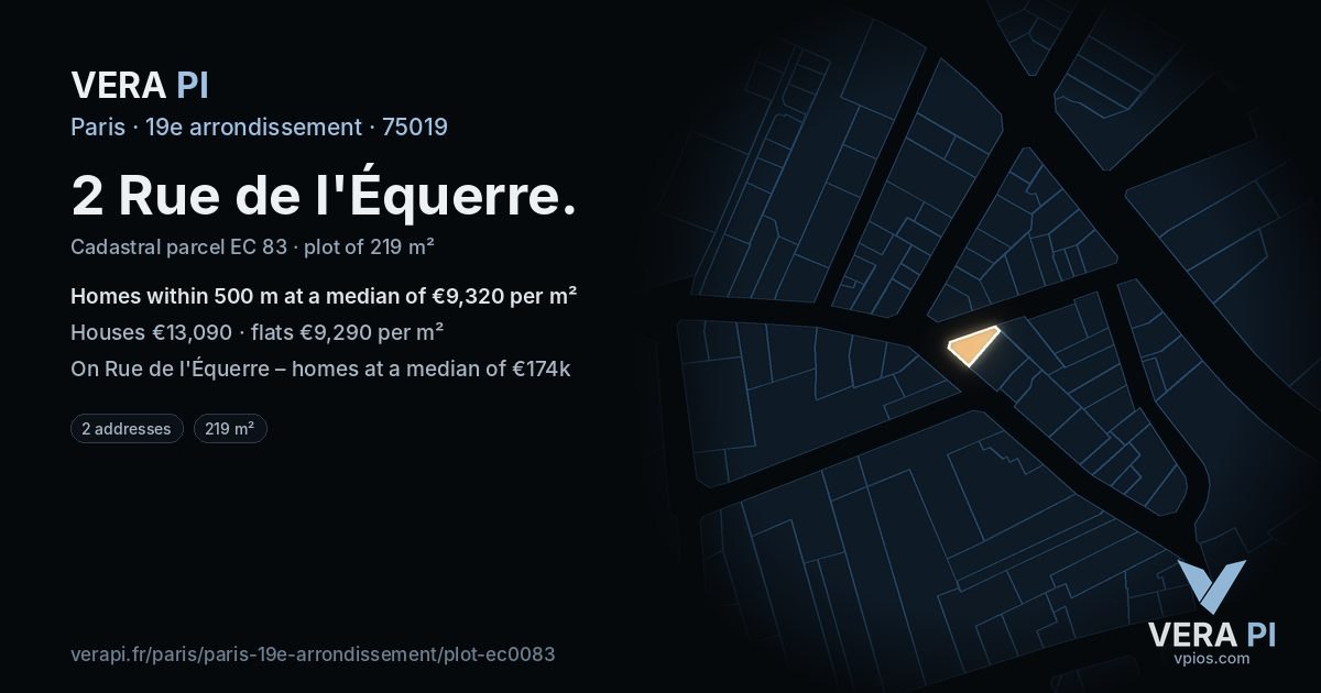 2 Rue de l'Équerre, 19e arrondissement at night – the plot lit, the parcels around coloured by the prices near them