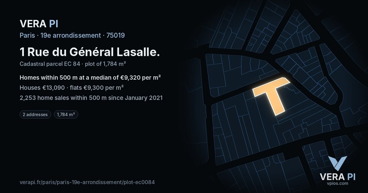 1 Rue du Général Lasalle, 19e arrondissement at night – the plot lit, the parcels around coloured by the prices near them