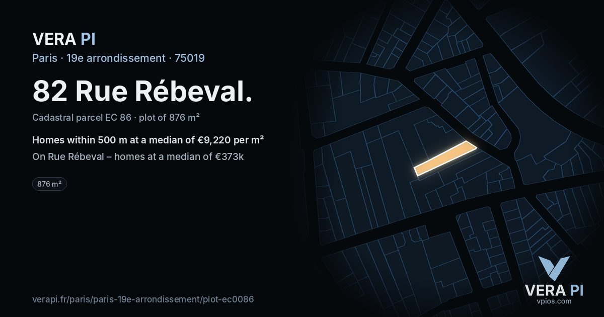 82 Rue Rébeval, 19e arrondissement at night – the plot lit, the parcels around coloured by the prices near them